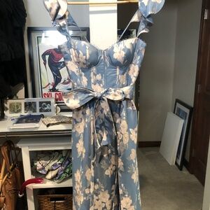 Brocade floral sky blue midi dress by J. Chapman